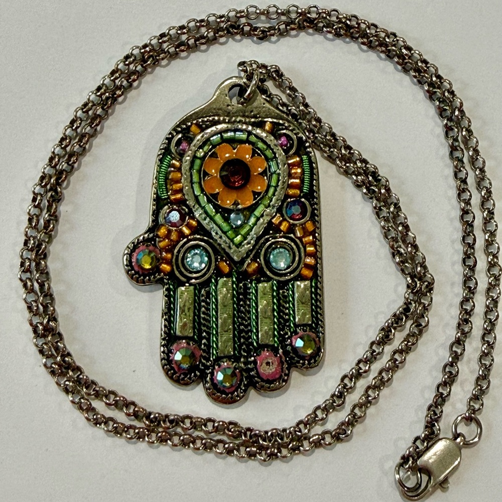 Colorful Handmade Hamsa Pendant Silver Tone Necklace Made in Israel
